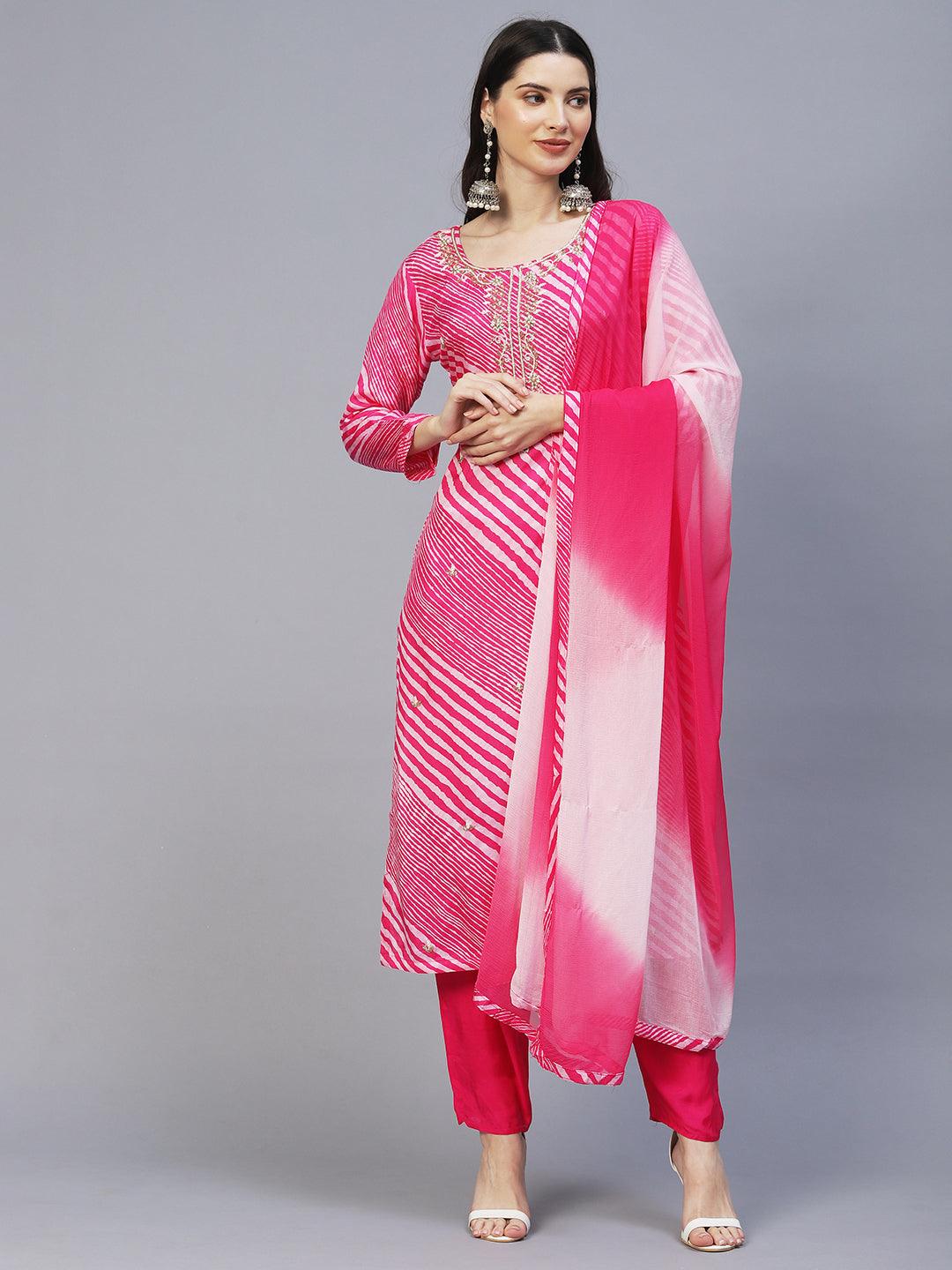 Leheriya Printed & Hand Embroidered Kurta with Pants & Dupatta - Pink - Indiakreations