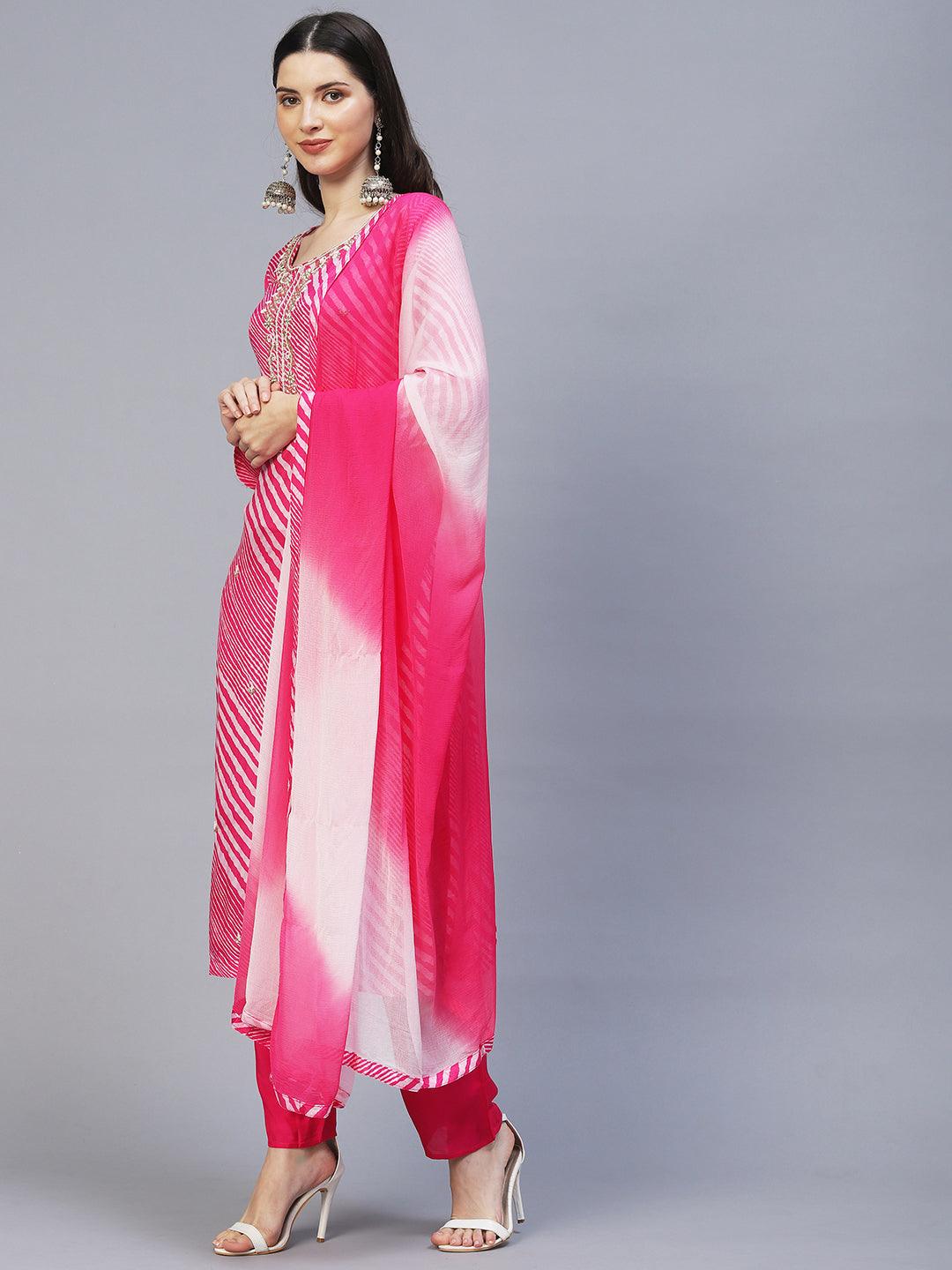 Leheriya Printed & Hand Embroidered Kurta with Pants & Dupatta - Pink - Indiakreations