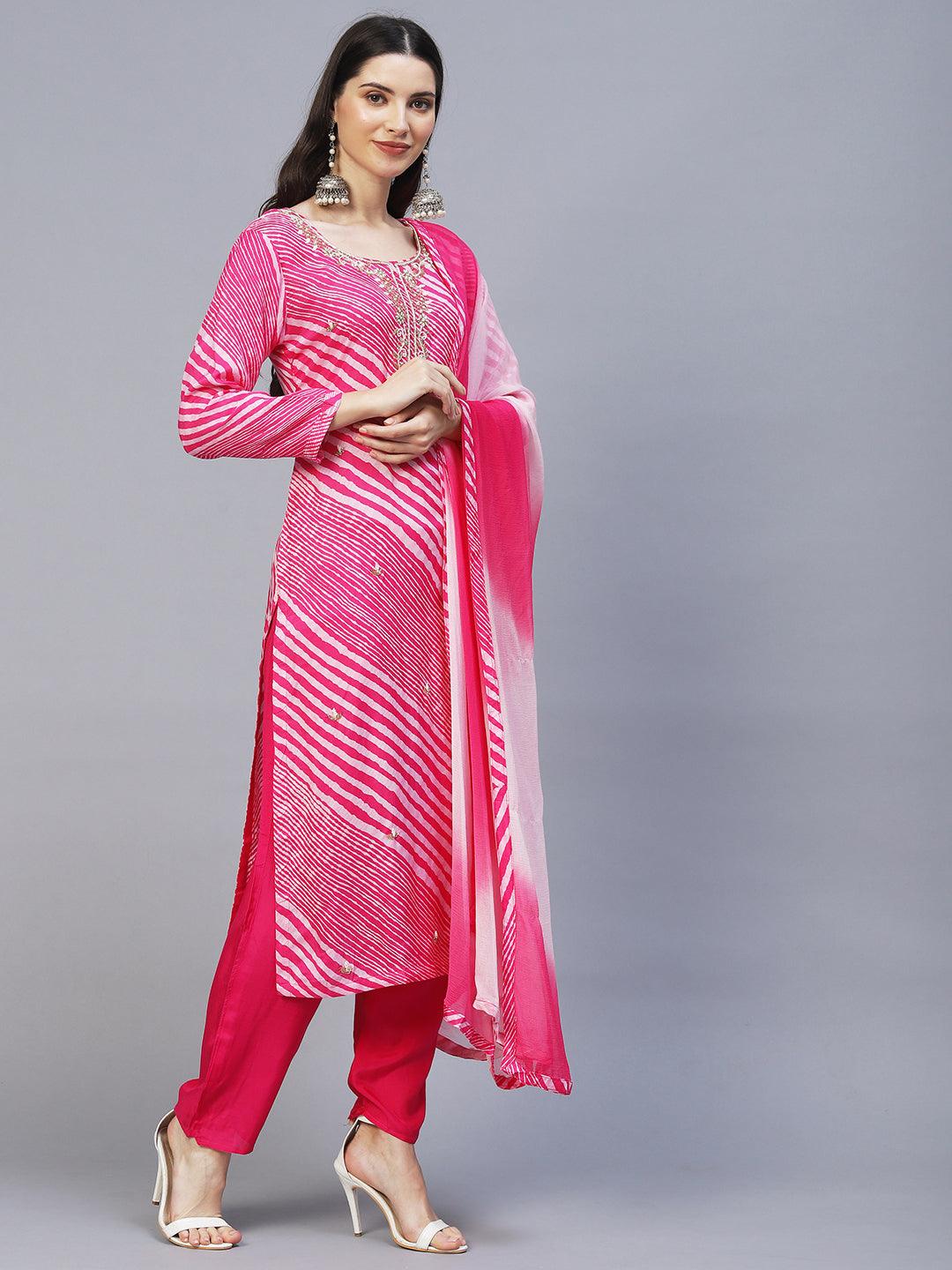 Leheriya Printed & Hand Embroidered Kurta with Pants & Dupatta - Pink - Indiakreations