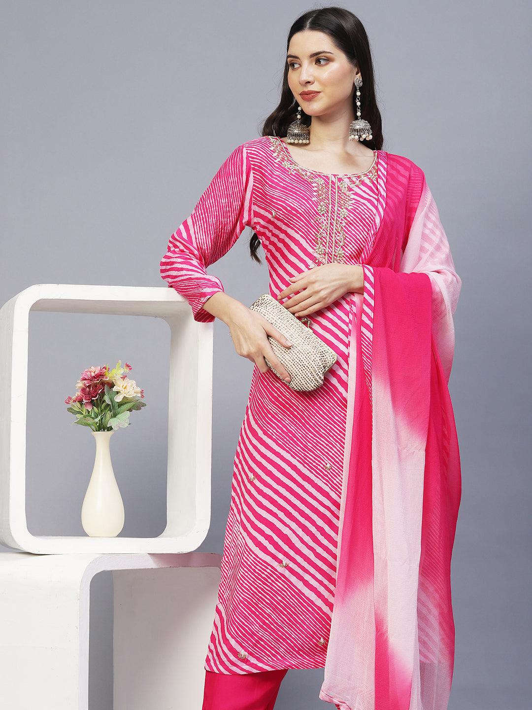 Leheriya Printed & Hand Embroidered Kurta with Pants & Dupatta - Pink - Indiakreations