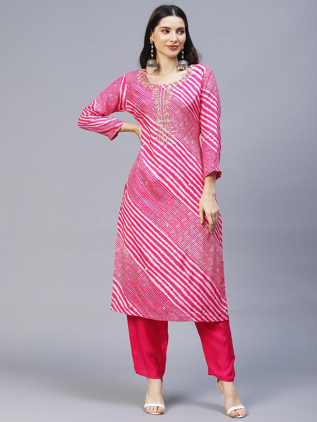 Leheriya Printed & Hand Embroidered Kurta with Pants & Dupatta - Pink - Indiakreations