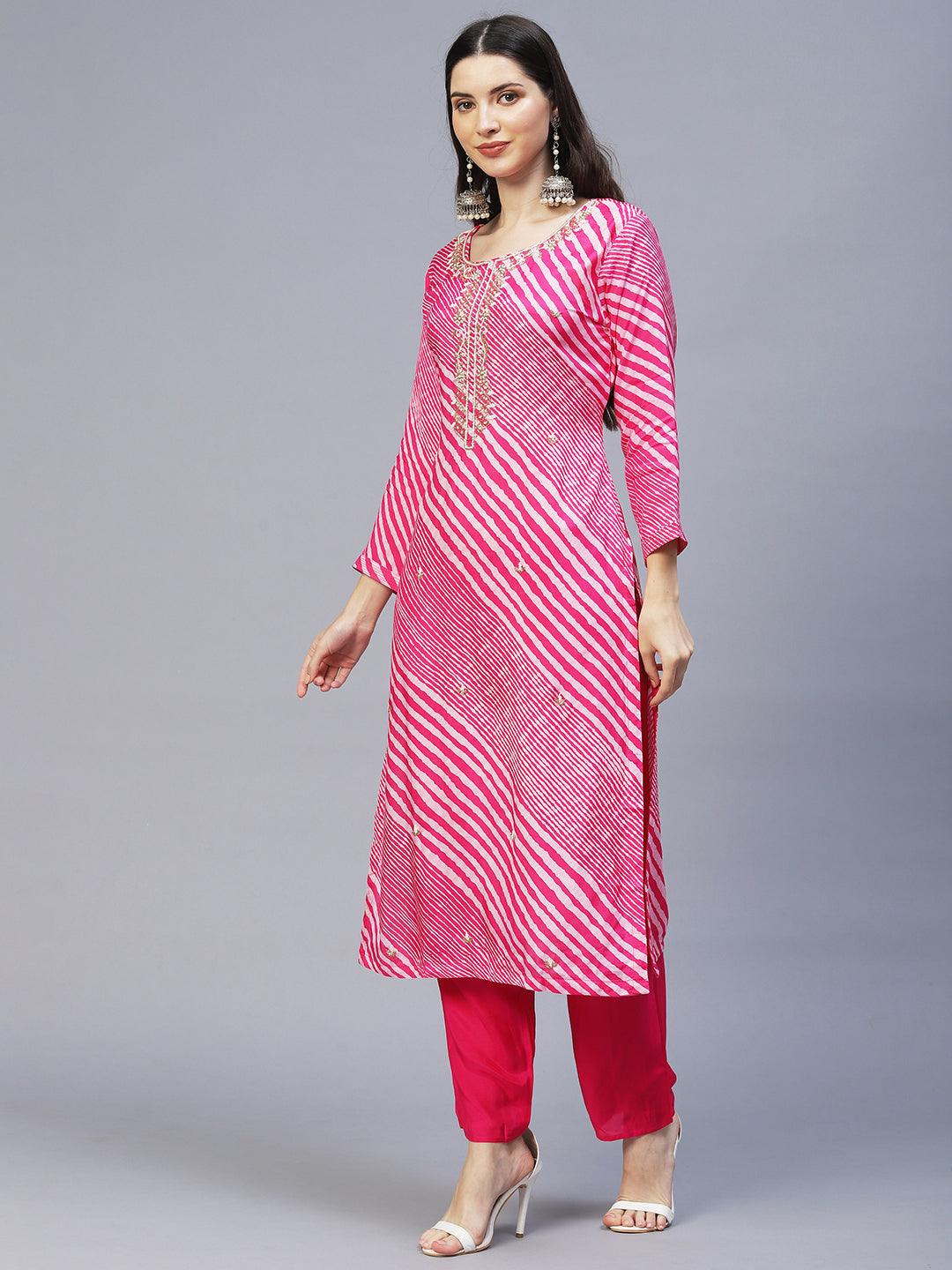 Leheriya Printed & Hand Embroidered Kurta with Pants & Dupatta - Pink - Indiakreations