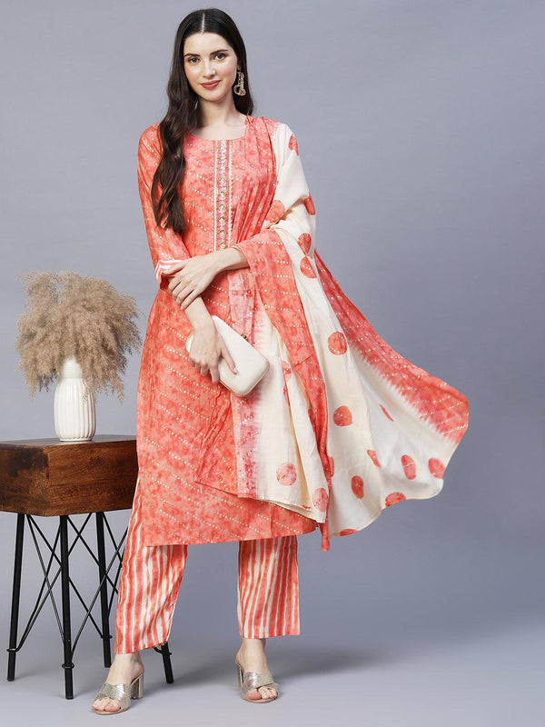 Ethnic Printed & Embroidered Kurta with Pants & Dupatta - Peach - Indiakreations