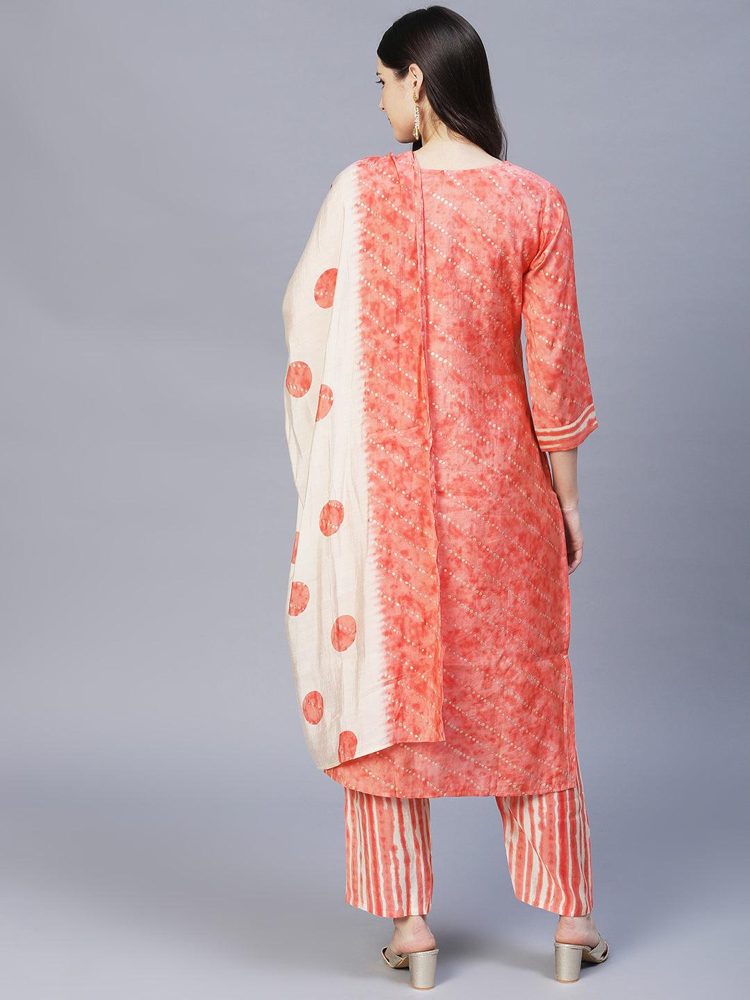 Ethnic Printed & Embroidered Kurta with Pants & Dupatta - Peach - Indiakreations