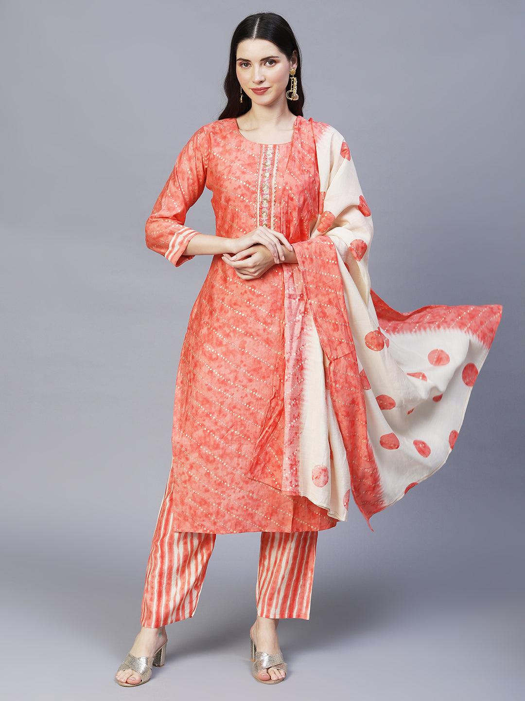 Ethnic Printed & Embroidered Kurta with Pants & Dupatta - Peach - Indiakreations