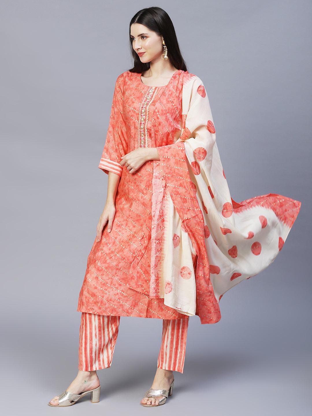 Ethnic Printed & Embroidered Kurta with Pants & Dupatta - Peach - Indiakreations