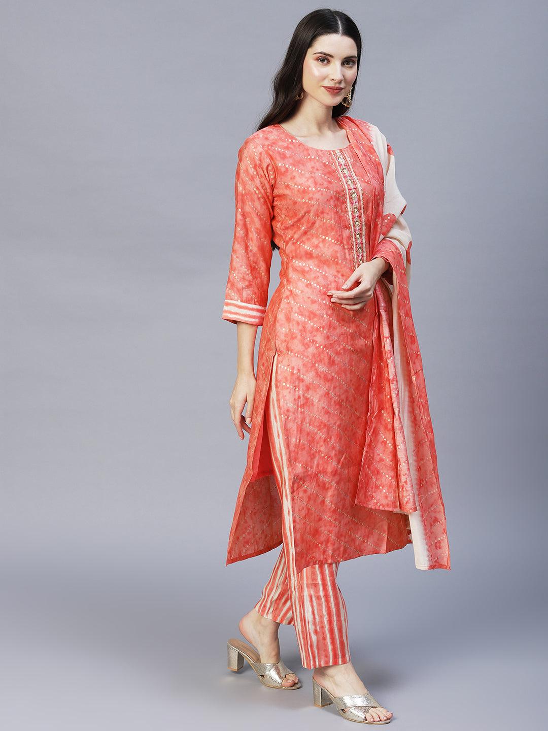 Ethnic Printed & Embroidered Kurta with Pants & Dupatta - Peach - Indiakreations