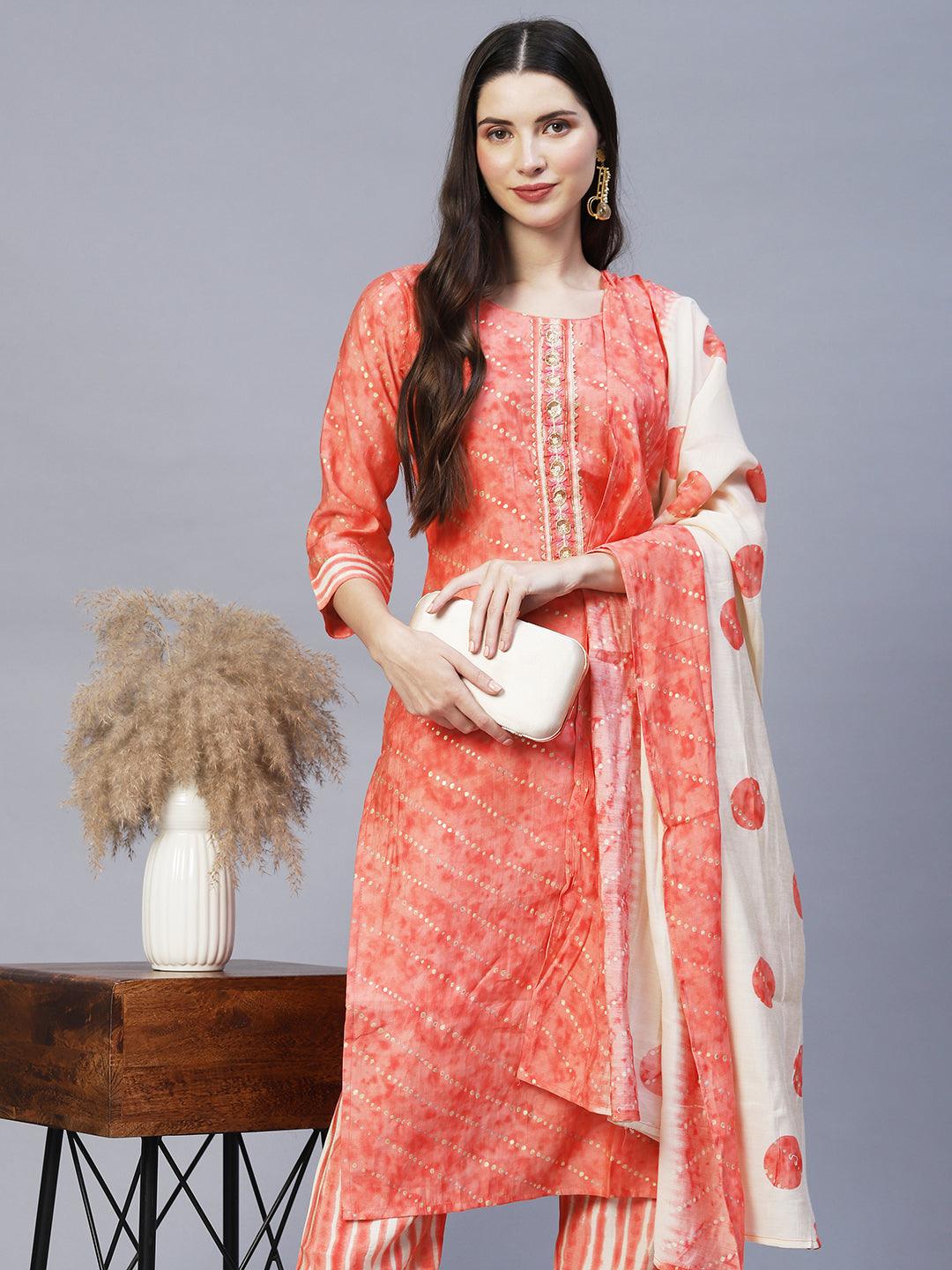 Ethnic Printed & Embroidered Kurta with Pants & Dupatta - Peach - Indiakreations