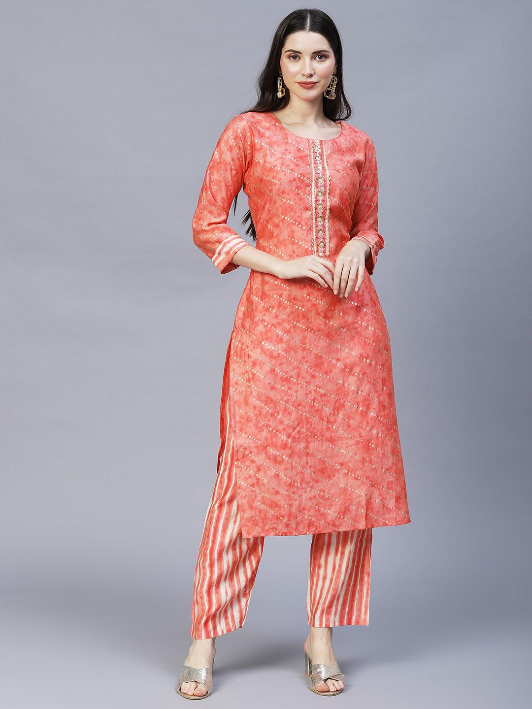 Ethnic Printed & Embroidered Kurta with Pants & Dupatta - Peach - Indiakreations