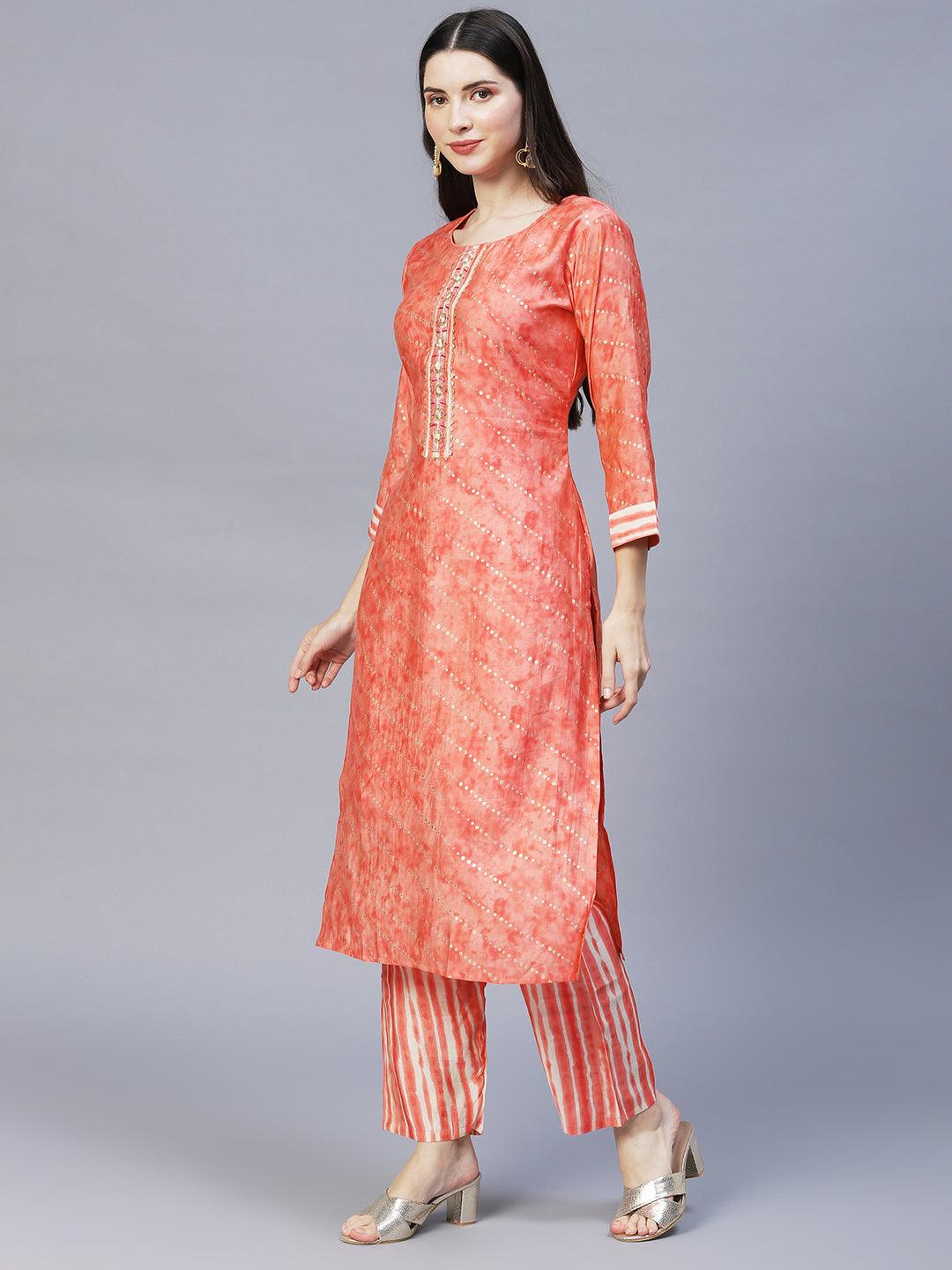 Ethnic Printed & Embroidered Kurta with Pants & Dupatta - Peach - Indiakreations