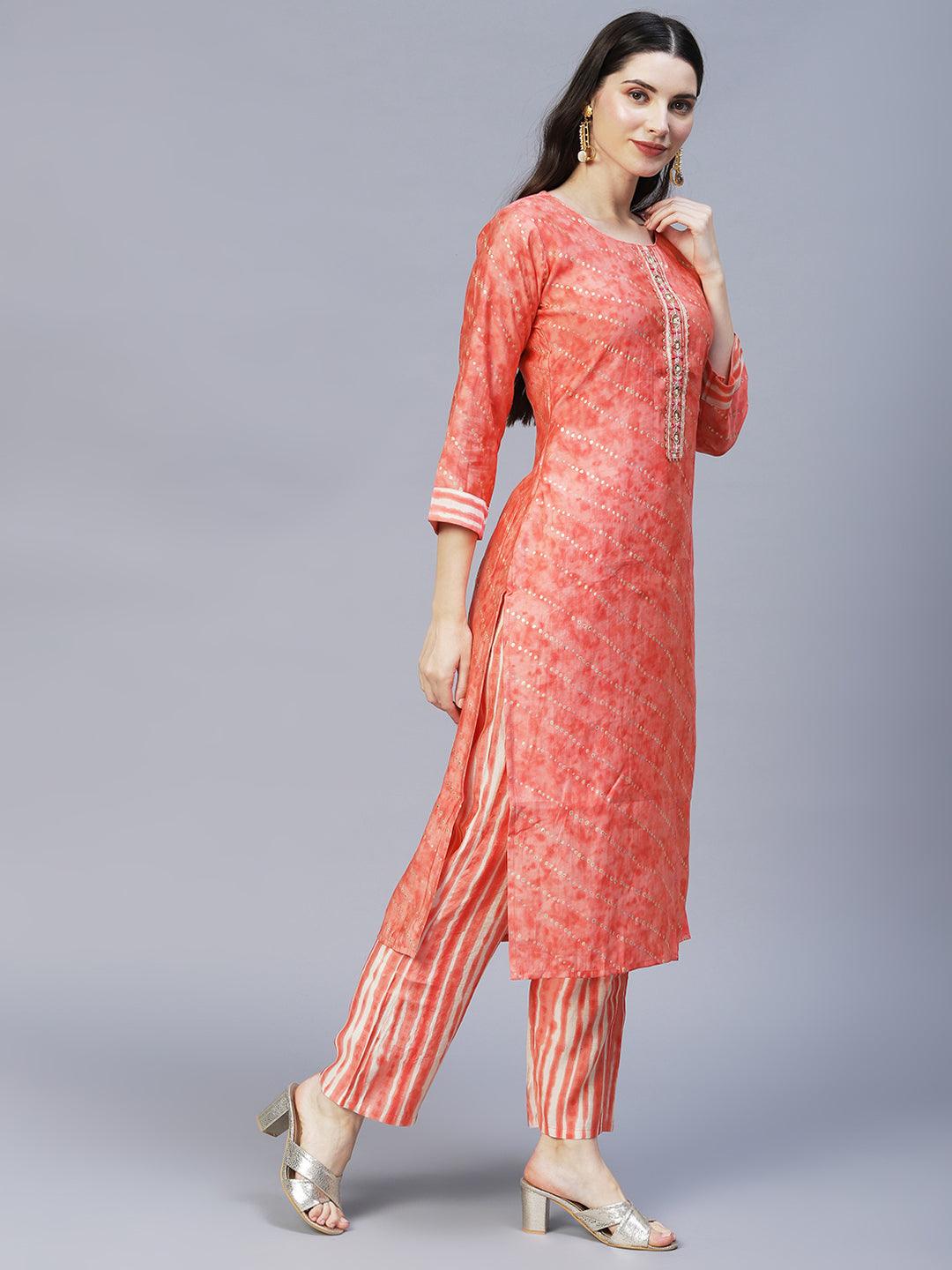 Ethnic Printed & Embroidered Kurta with Pants & Dupatta - Peach - Indiakreations