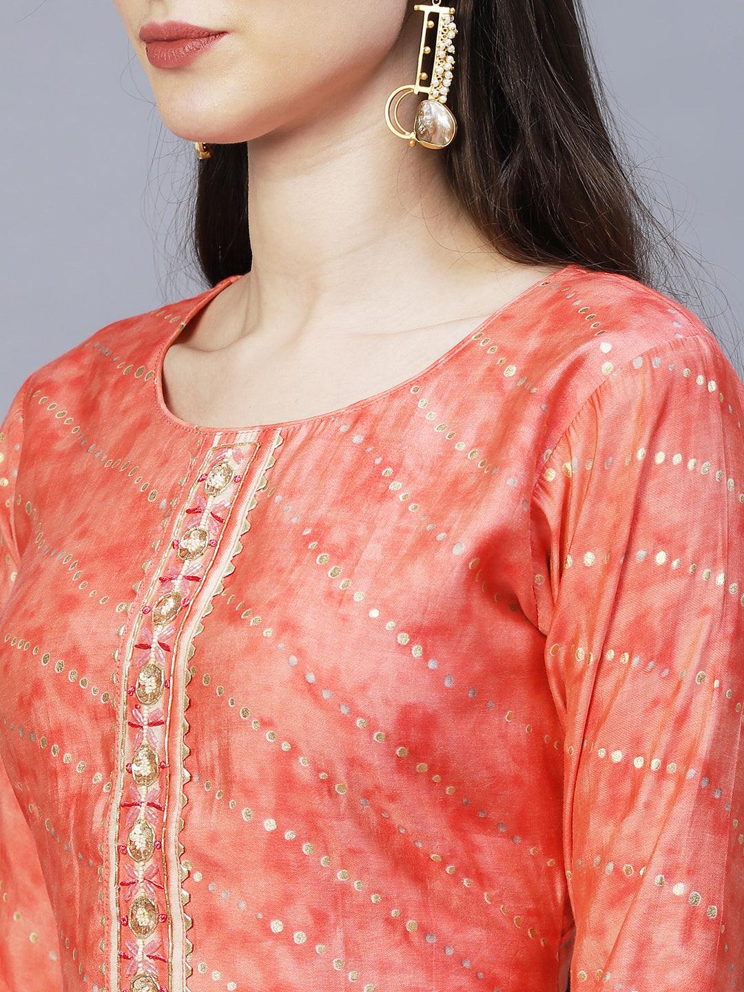 Ethnic Printed & Embroidered Kurta with Pants & Dupatta - Peach - Indiakreations