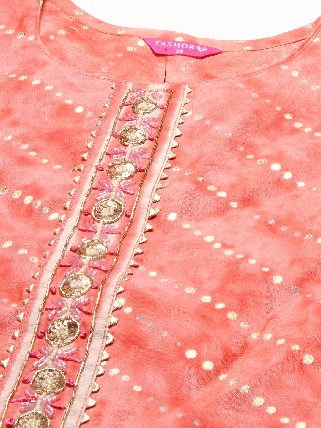 Ethnic Printed & Embroidered Kurta with Pants & Dupatta - Peach - Indiakreations