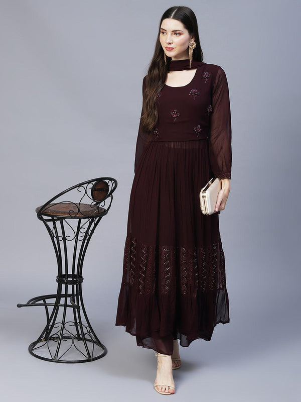 Floral Hand Embroidered A-Line Kurta with Palazzo & Dupatta - Deep Wine - Indiakreations