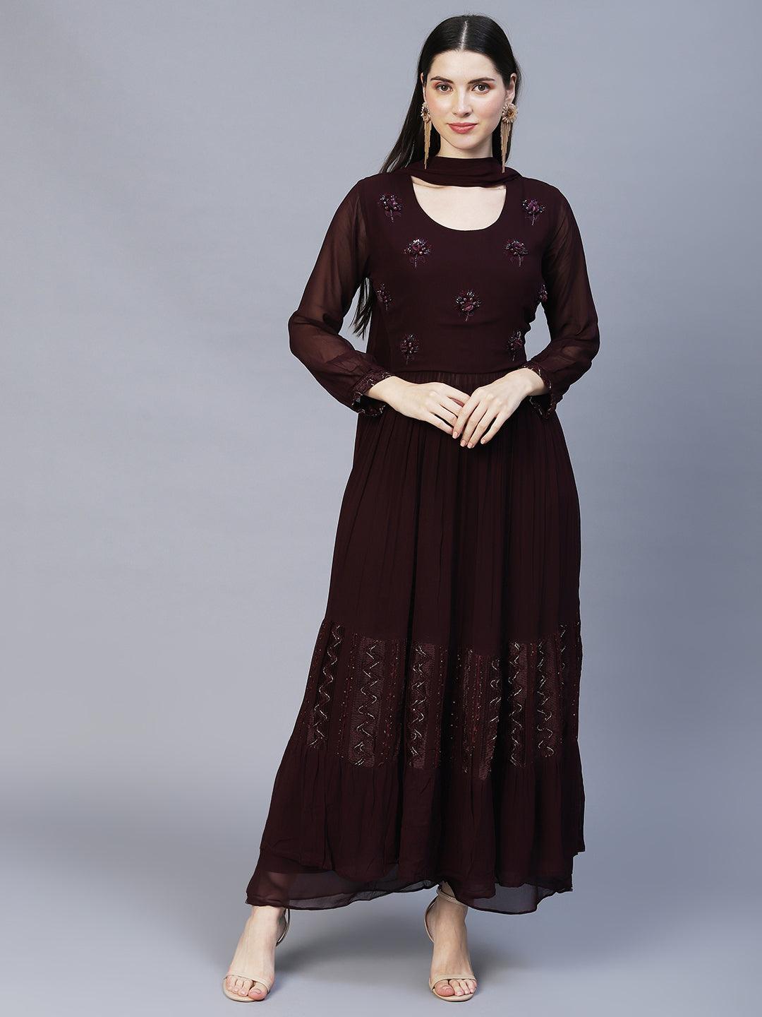 Floral Hand Embroidered A-Line Kurta with Palazzo & Dupatta - Deep Wine - Indiakreations