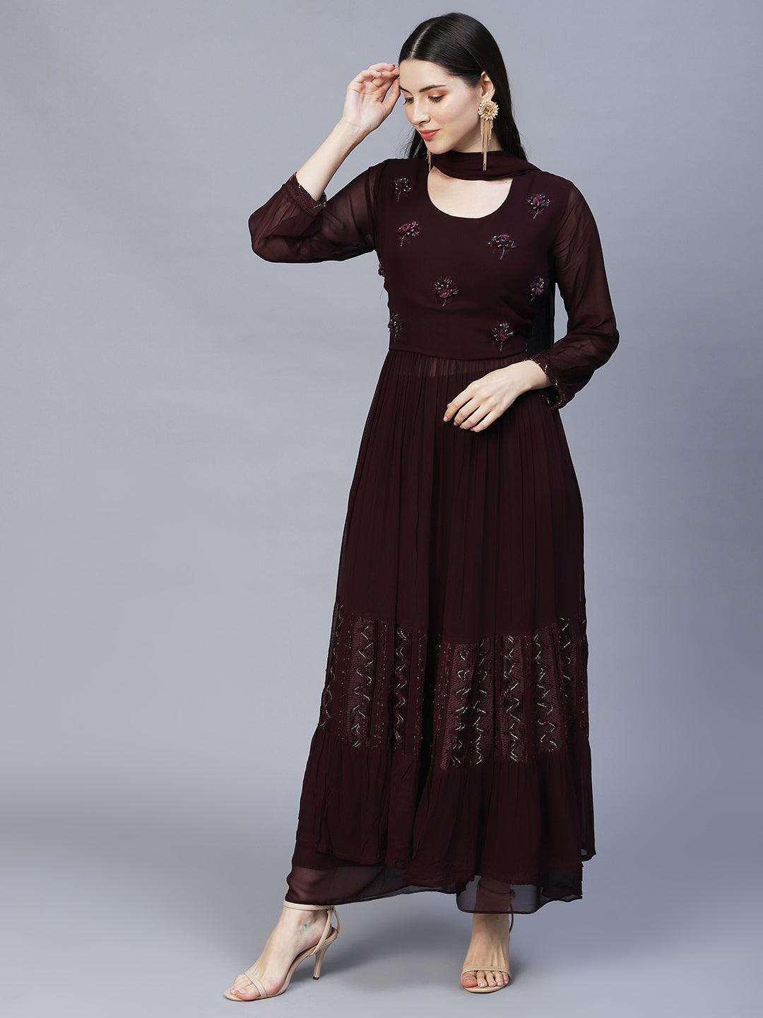 Floral Hand Embroidered A-Line Kurta with Palazzo & Dupatta - Deep Wine - Indiakreations