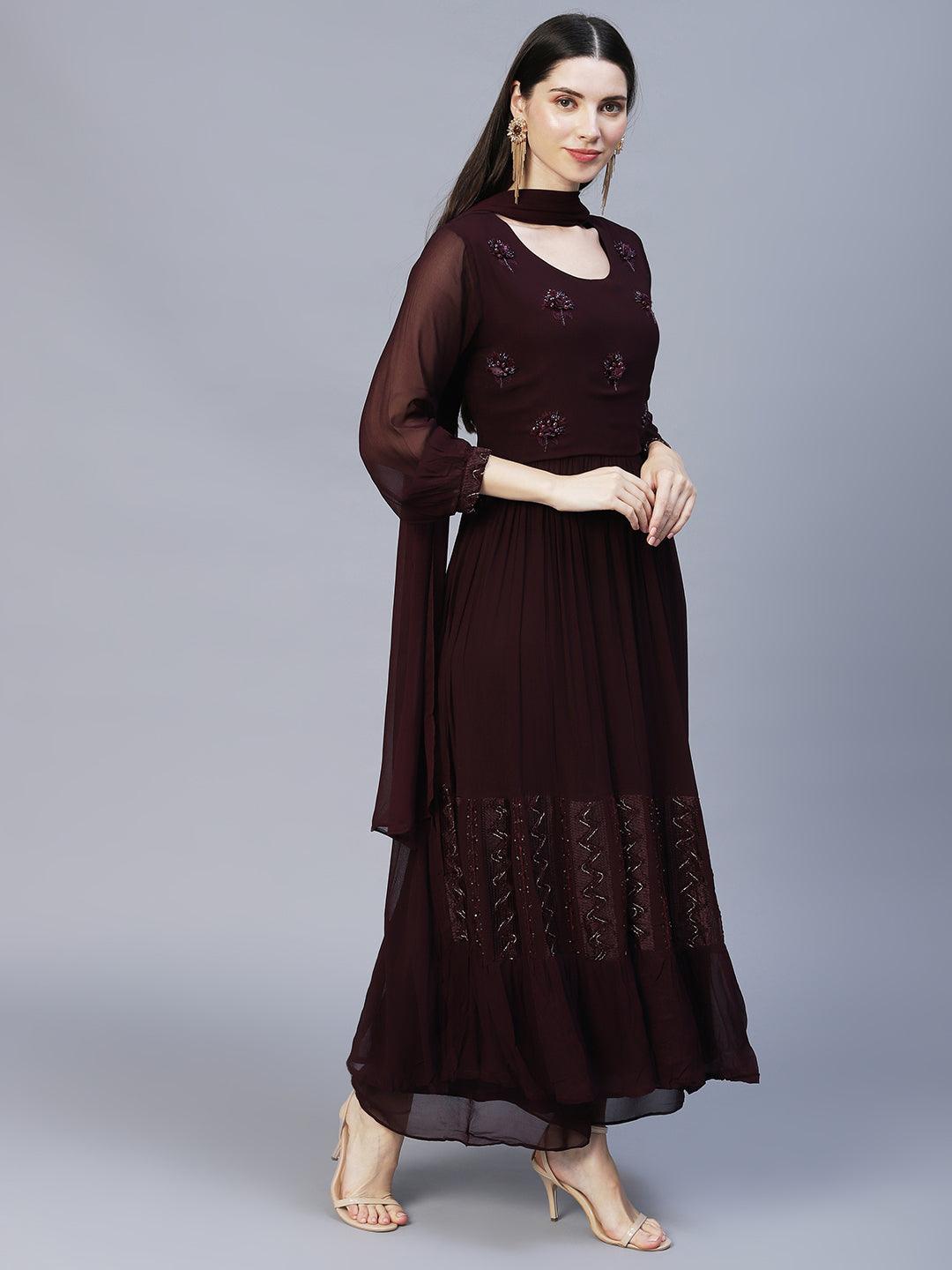 Floral Hand Embroidered A-Line Kurta with Palazzo & Dupatta - Deep Wine - Indiakreations