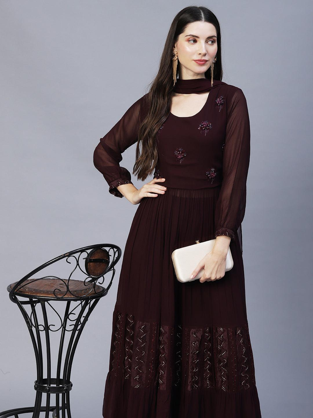 Floral Hand Embroidered A-Line Kurta with Palazzo & Dupatta - Deep Wine - Indiakreations