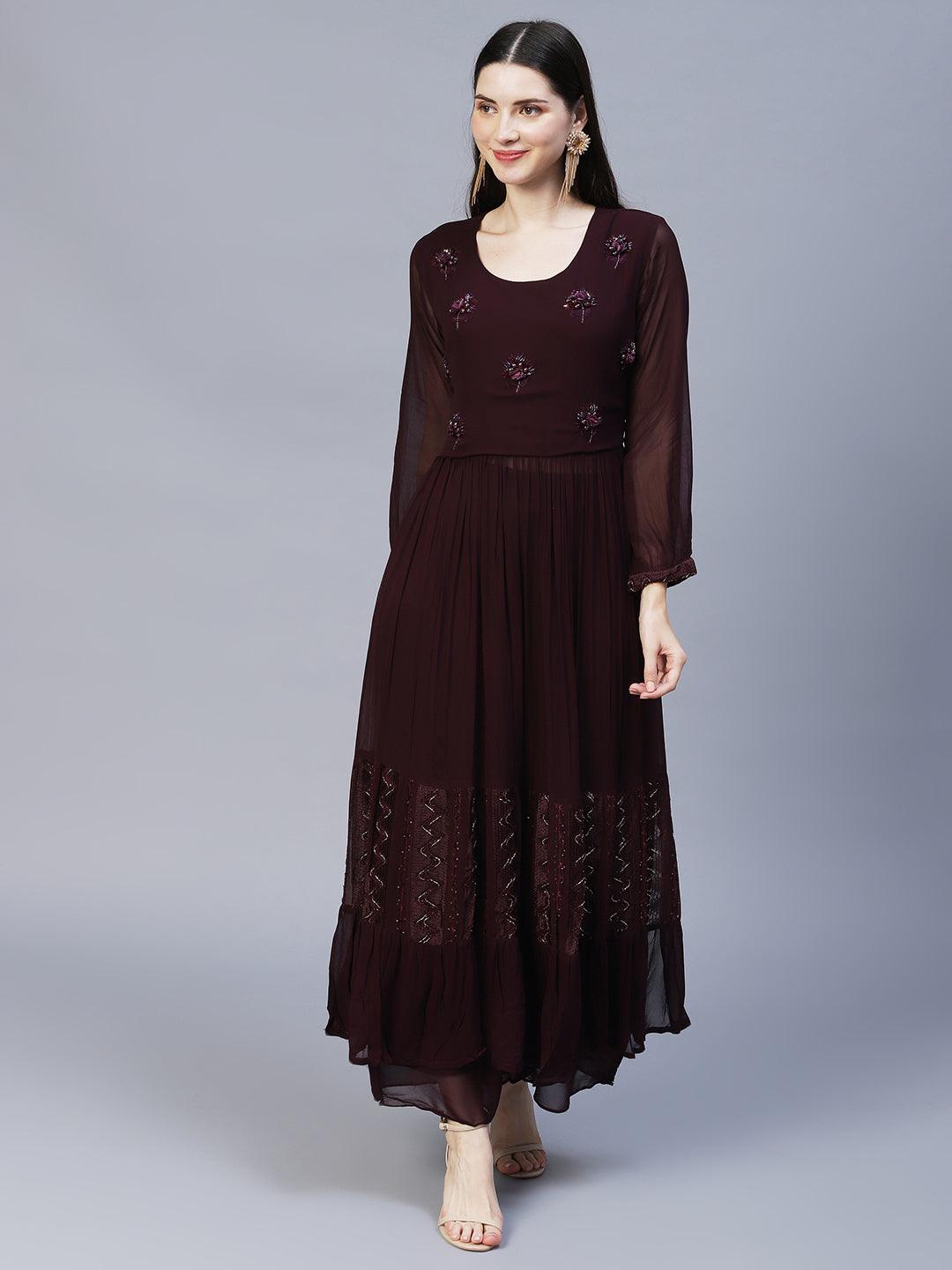 Floral Hand Embroidered A-Line Kurta with Palazzo & Dupatta - Deep Wine - Indiakreations