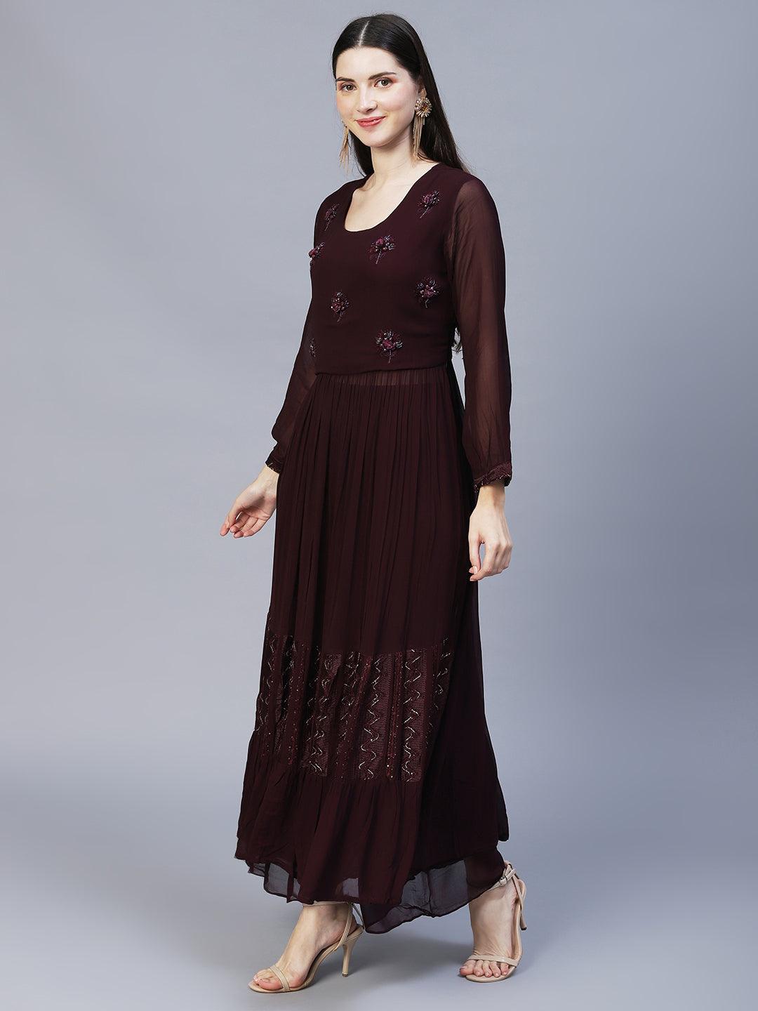 Floral Hand Embroidered A-Line Kurta with Palazzo & Dupatta - Deep Wine - Indiakreations