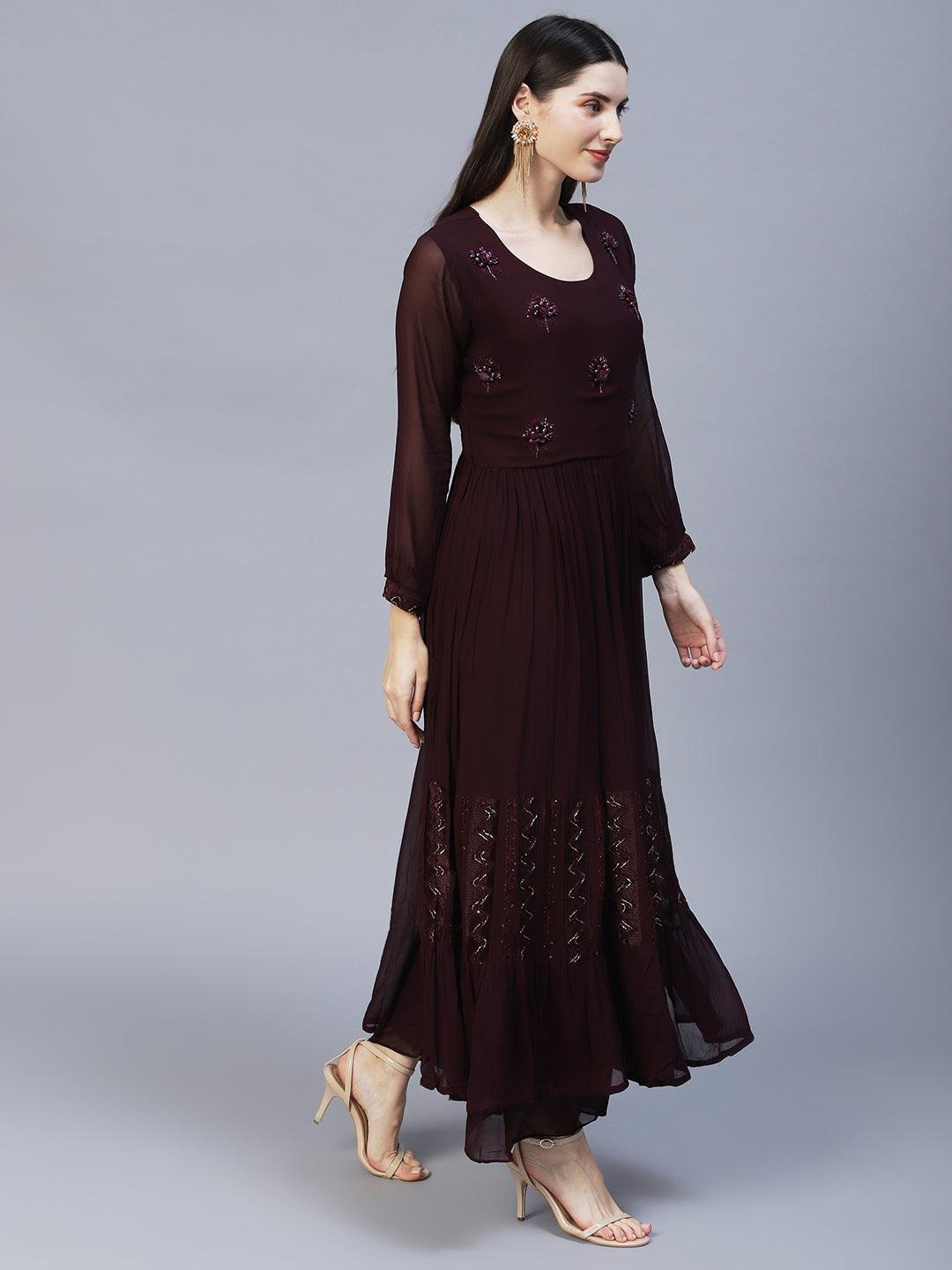 Floral Hand Embroidered A-Line Kurta with Palazzo & Dupatta - Deep Wine - Indiakreations