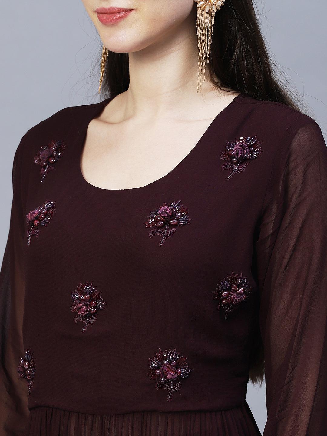 Floral Hand Embroidered A-Line Kurta with Palazzo & Dupatta - Deep Wine - Indiakreations