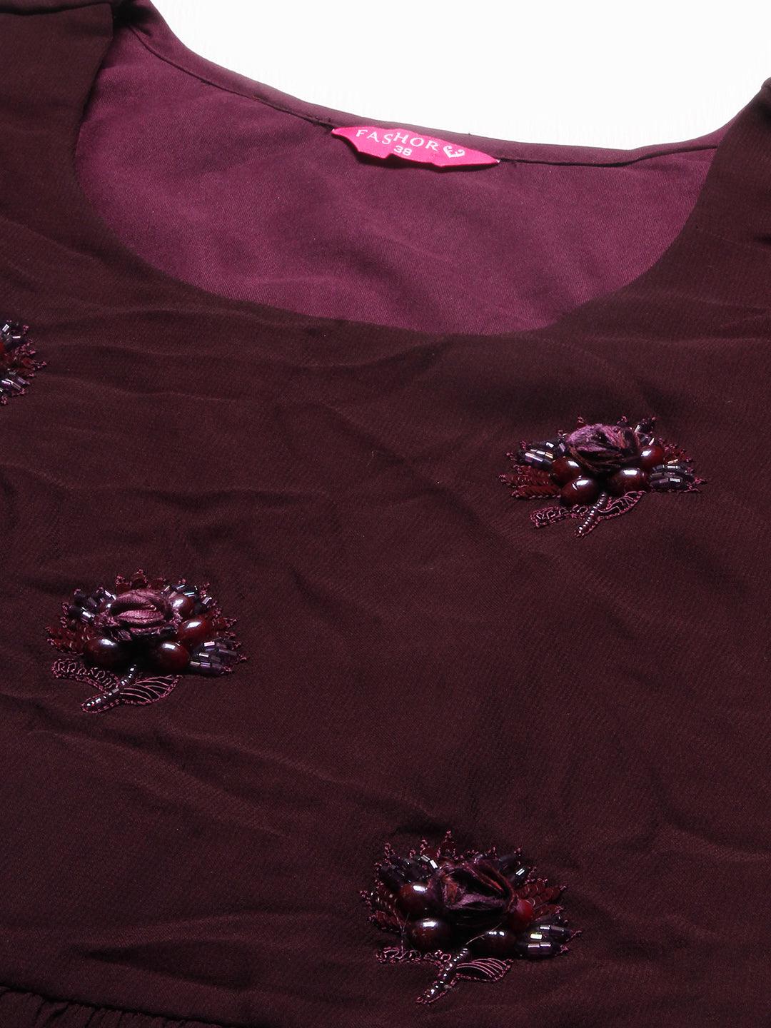 Floral Hand Embroidered A-Line Kurta with Palazzo & Dupatta - Deep Wine - Indiakreations