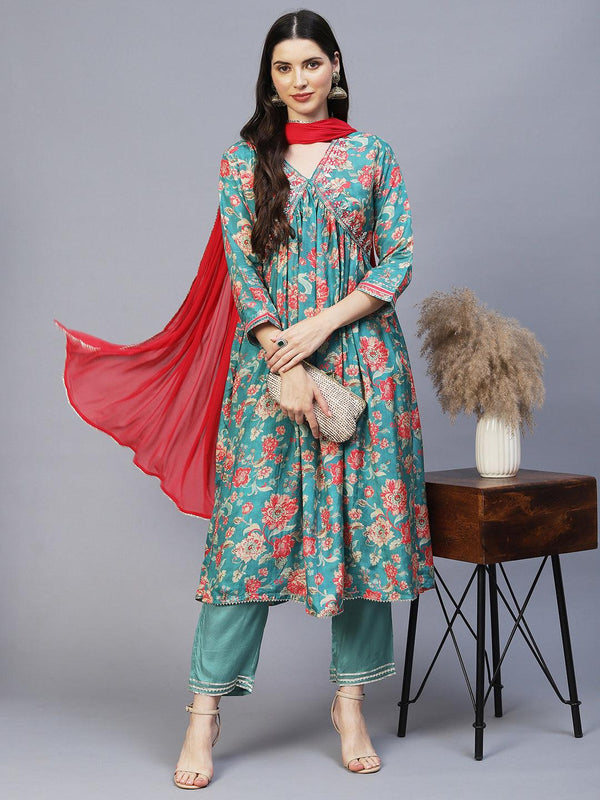 Floral Printed & Embroidered A-Line Kurta with Pants & Dupatta - Green - Indiakreations