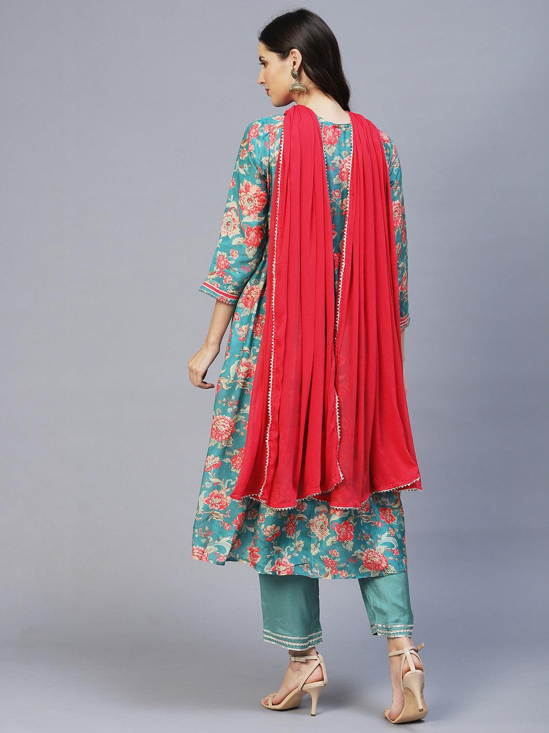 Floral Printed & Embroidered A-Line Kurta with Pants & Dupatta - Green - Indiakreations