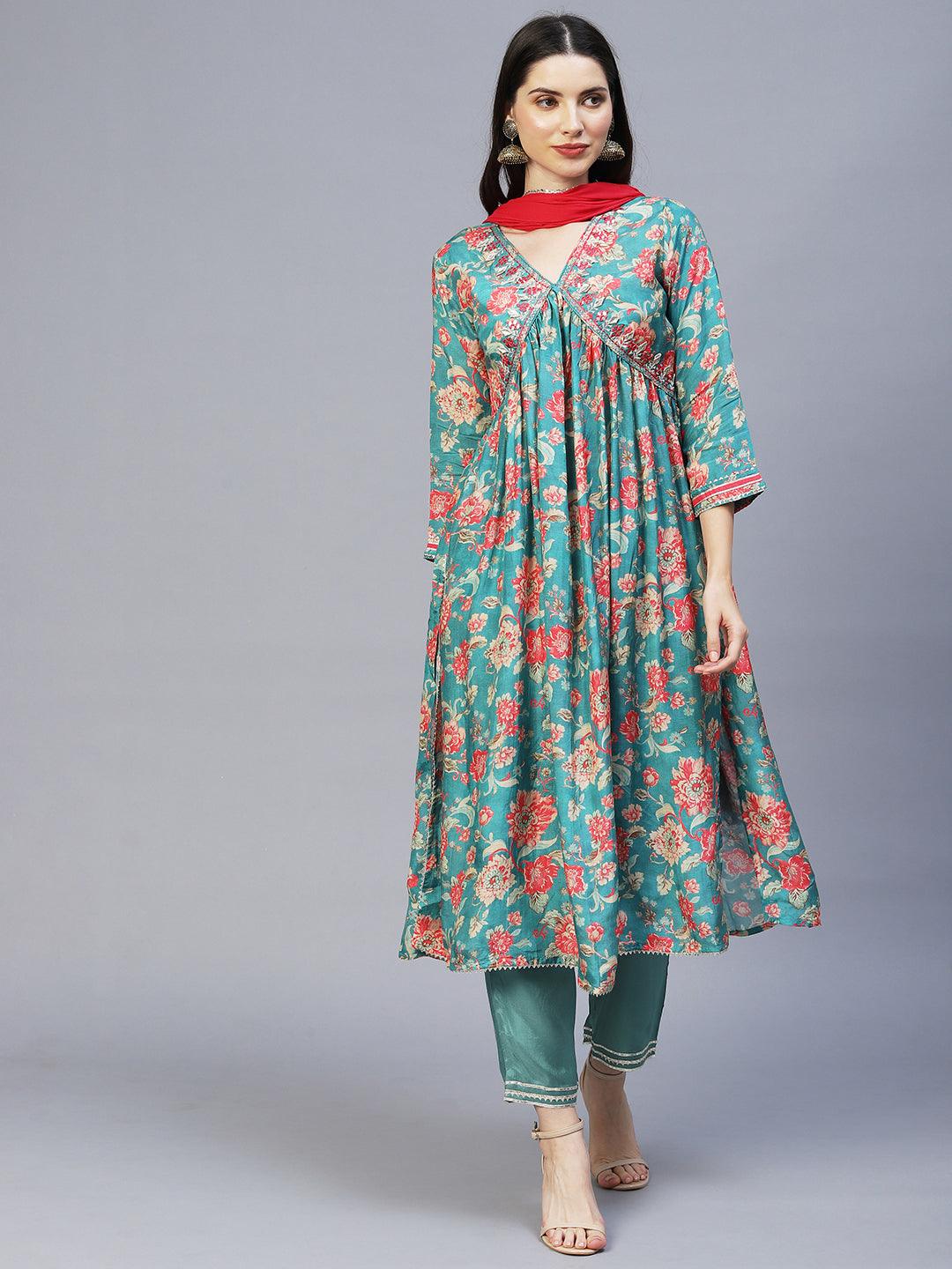 Floral Printed & Embroidered A-Line Kurta with Pants & Dupatta - Green - Indiakreations