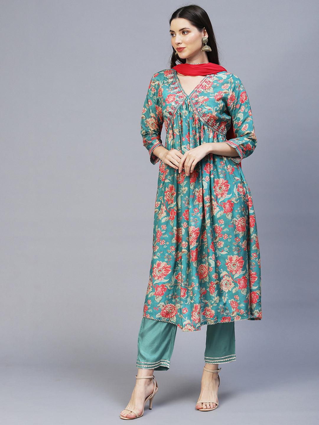 Floral Printed & Embroidered A-Line Kurta with Pants & Dupatta - Green - Indiakreations