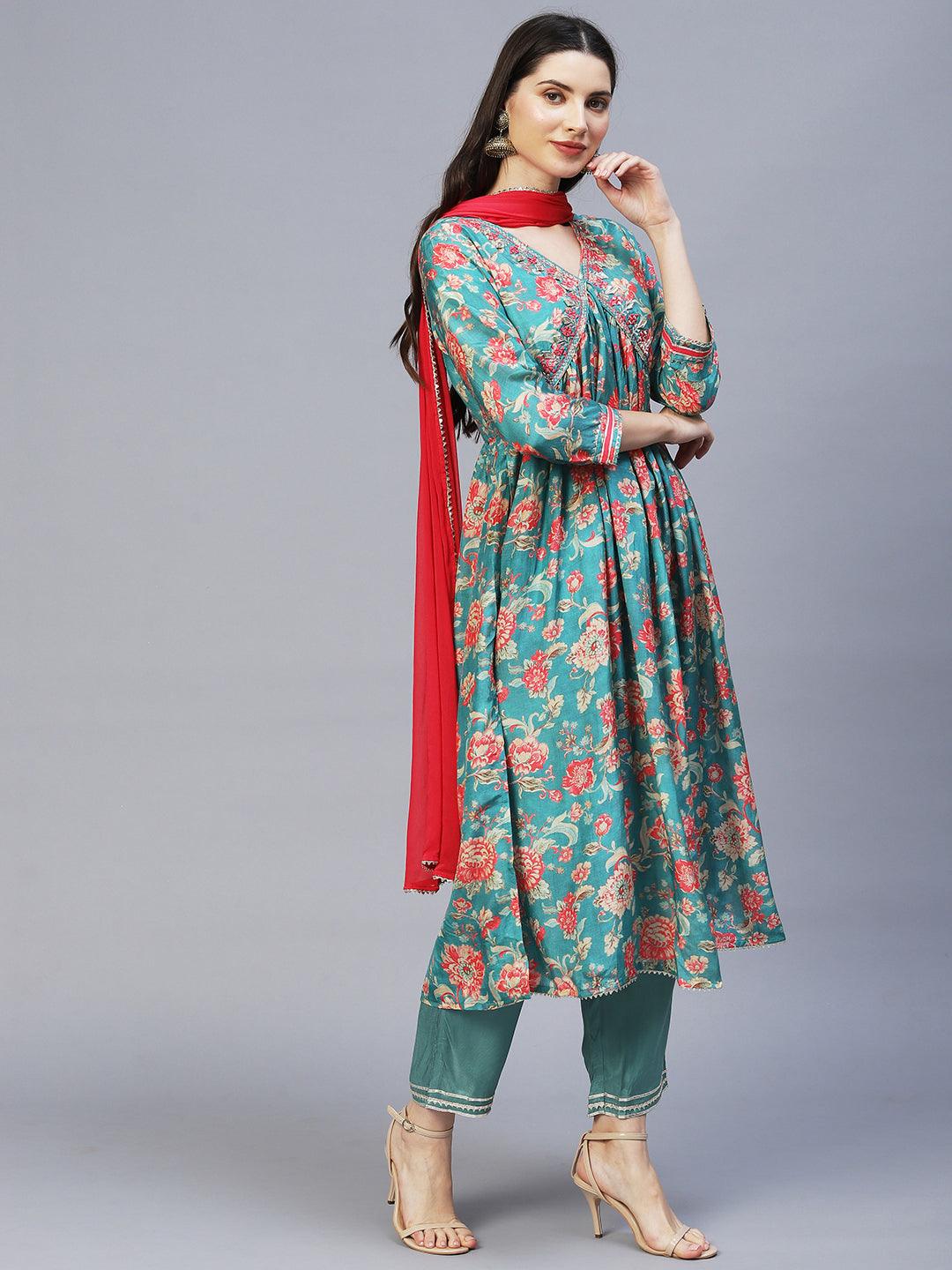 Floral Printed & Embroidered A-Line Kurta with Pants & Dupatta - Green - Indiakreations