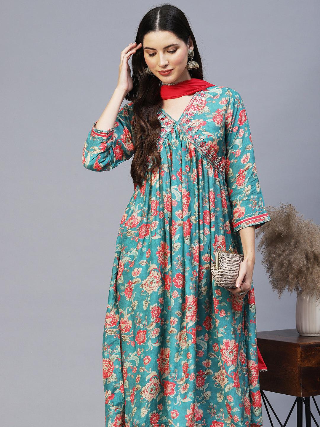 Floral Printed & Embroidered A-Line Kurta with Pants & Dupatta - Green - Indiakreations