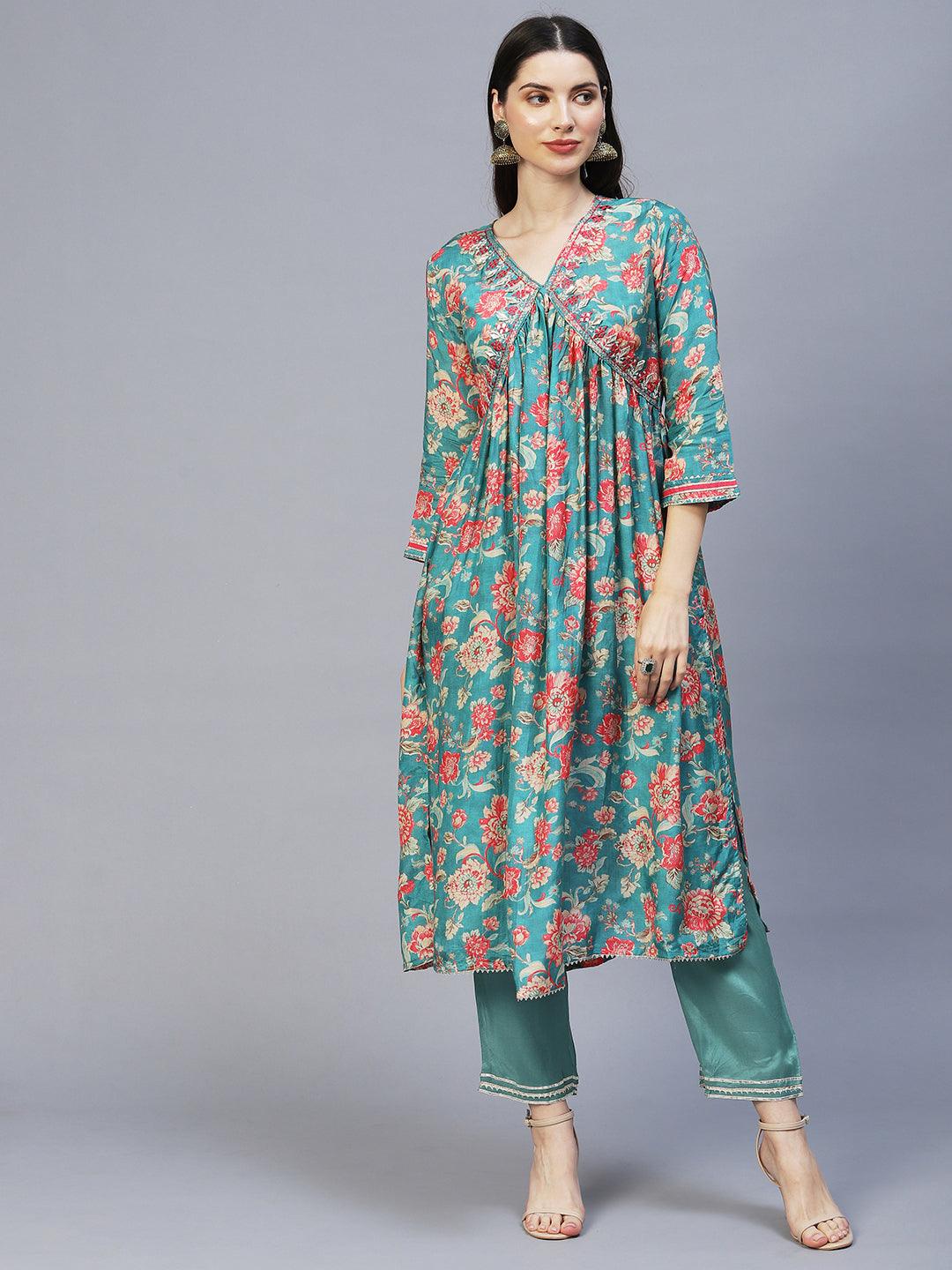 Floral Printed & Embroidered A-Line Kurta with Pants & Dupatta - Green - Indiakreations