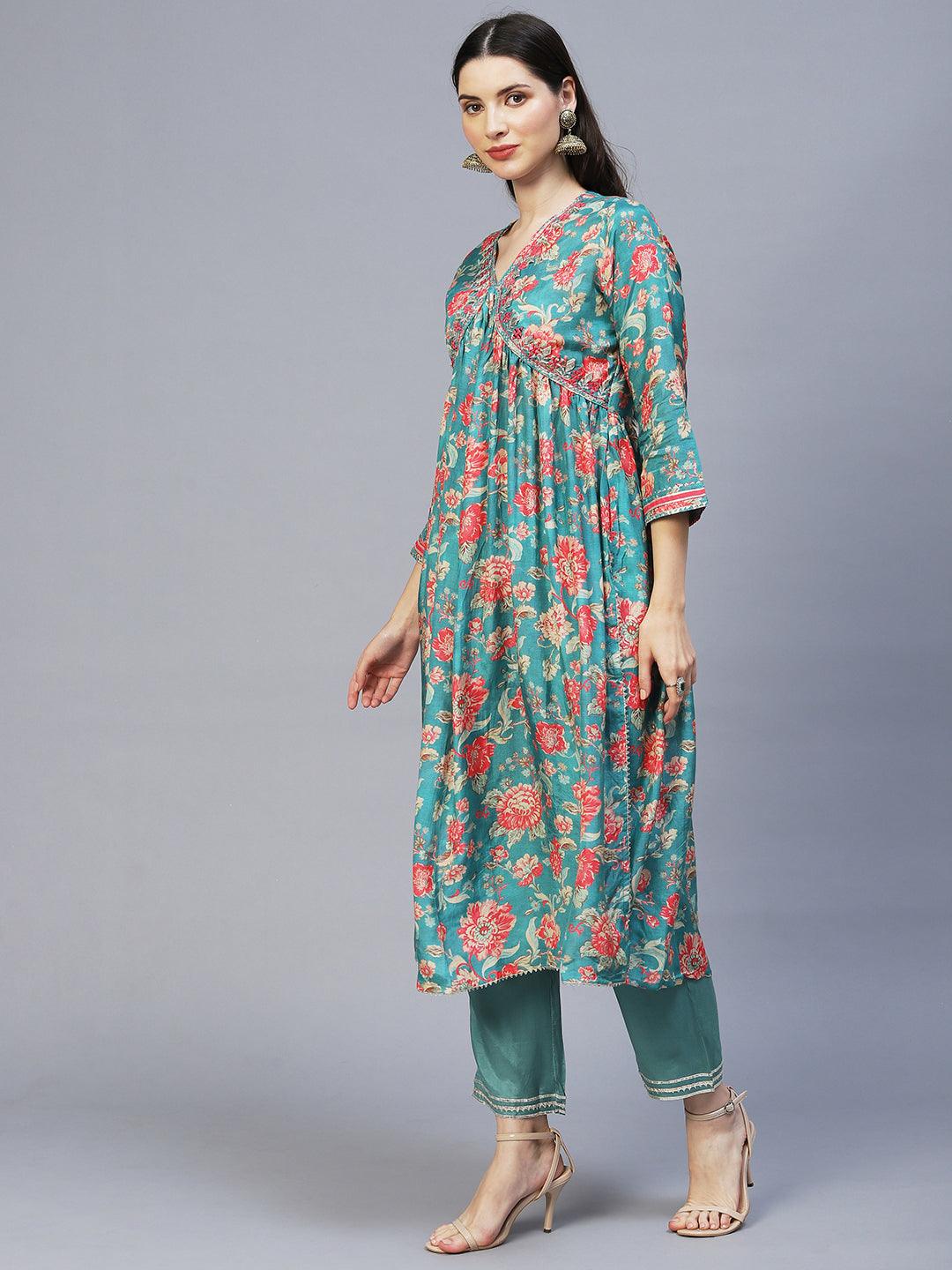 Floral Printed & Embroidered A-Line Kurta with Pants & Dupatta - Green - Indiakreations