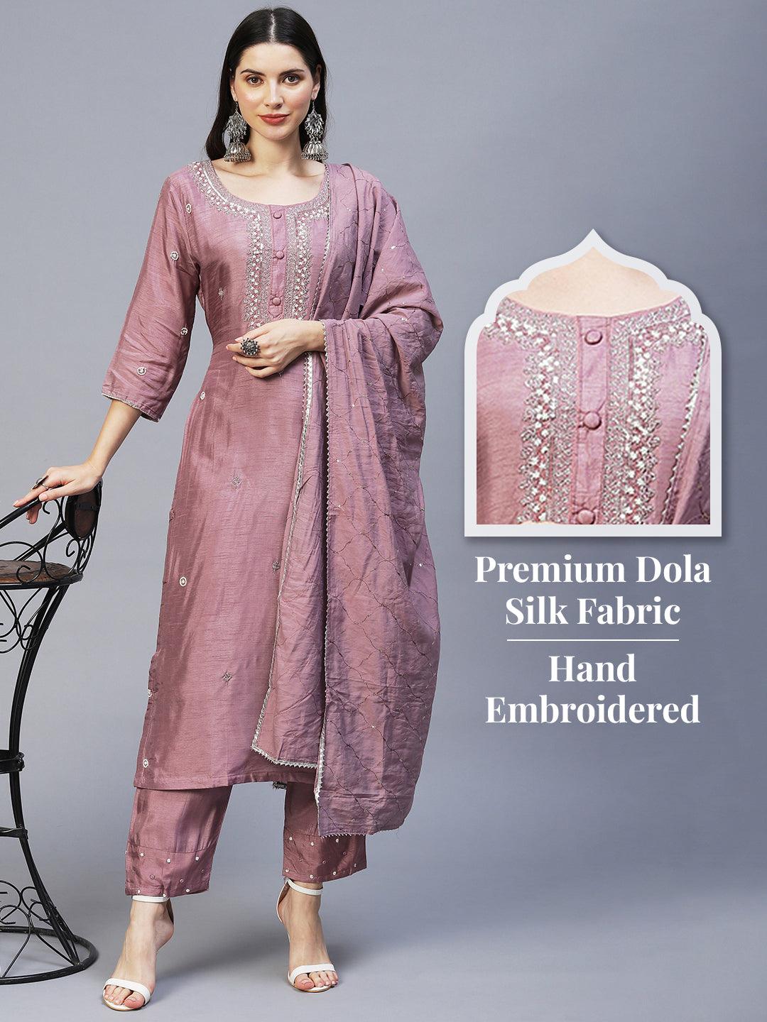 Floral Hand Embroidered Straight Kurta with Pants & Dupatta - Lilac Purple - Indiakreations