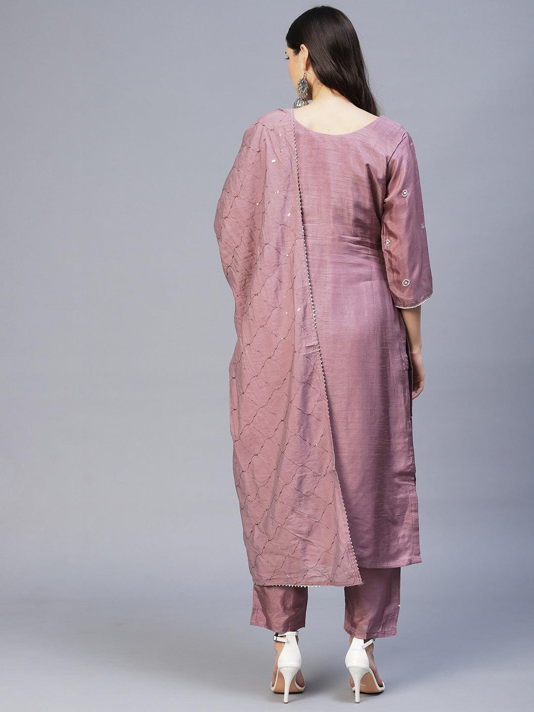 Floral Hand Embroidered Straight Kurta with Pants & Dupatta - Lilac Purple - Indiakreations