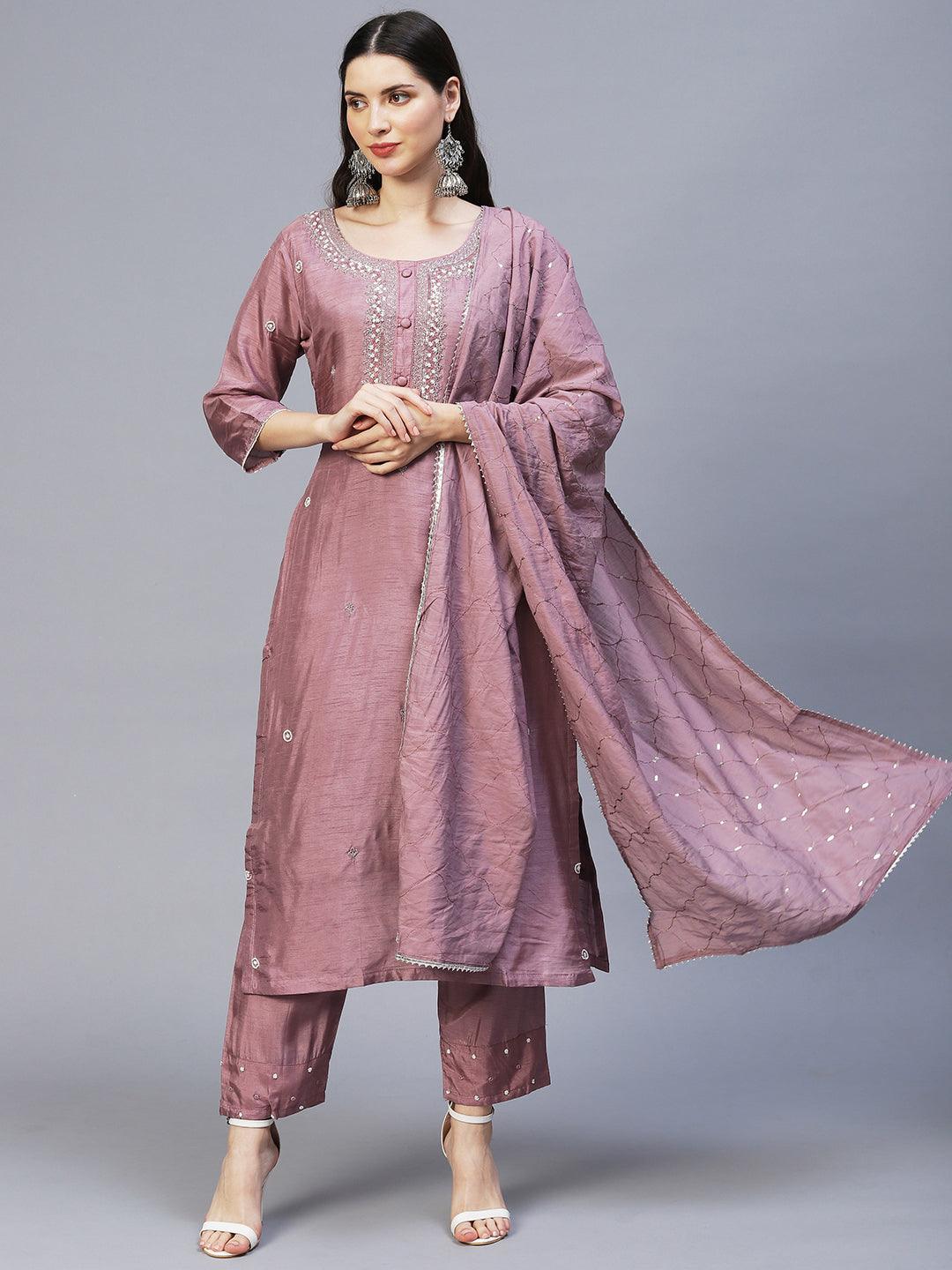 Floral Hand Embroidered Straight Kurta with Pants & Dupatta - Lilac Purple - Indiakreations