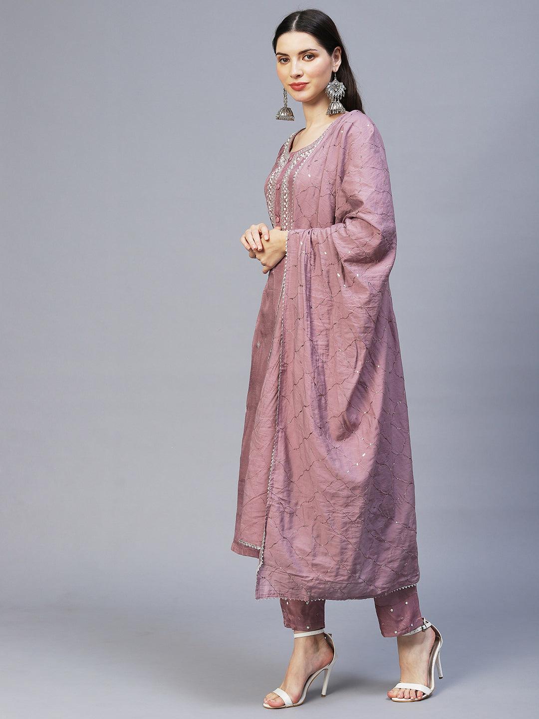 Floral Hand Embroidered Straight Kurta with Pants & Dupatta - Lilac Purple - Indiakreations