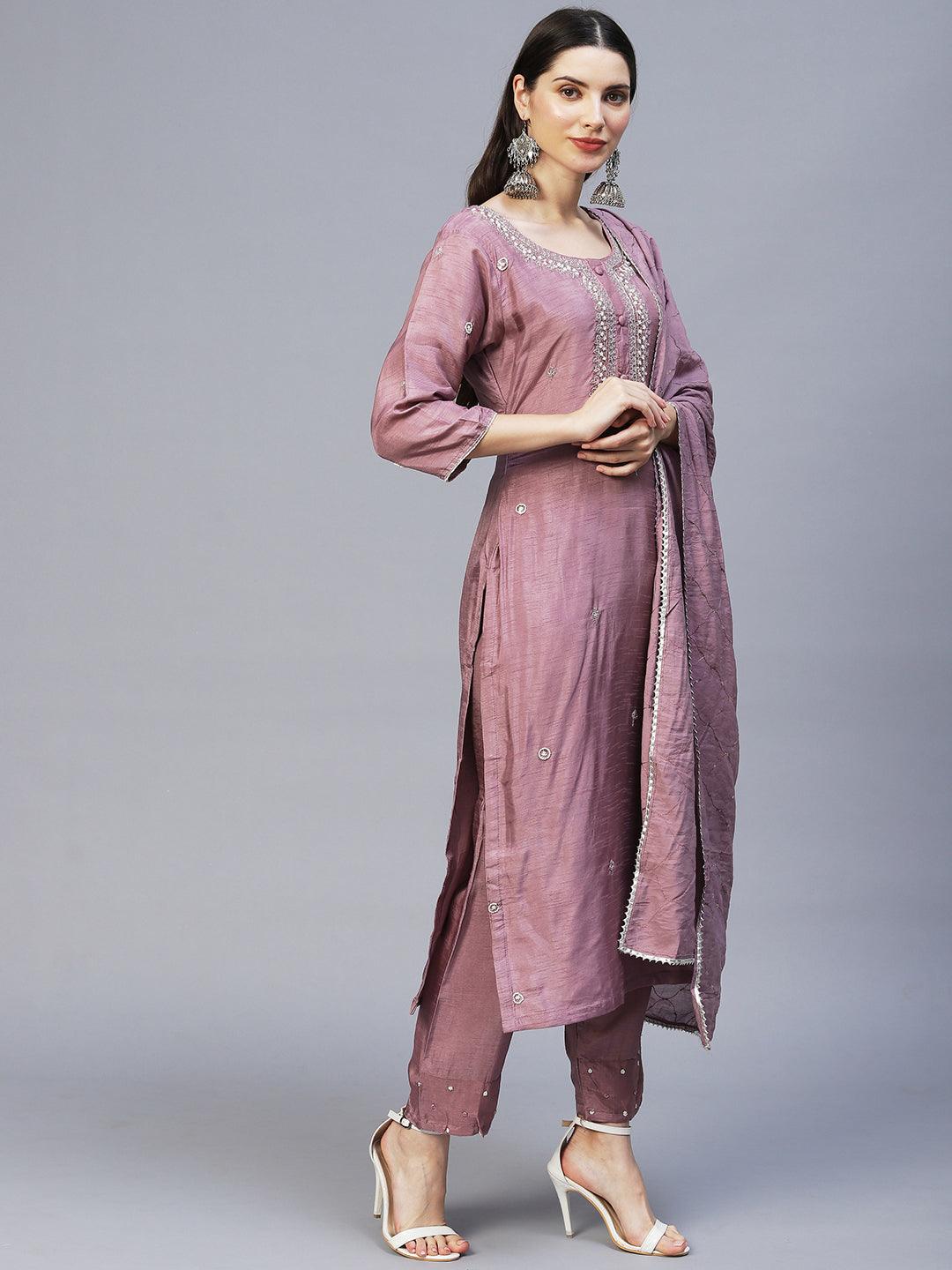 Floral Hand Embroidered Straight Kurta with Pants & Dupatta - Lilac Purple - Indiakreations