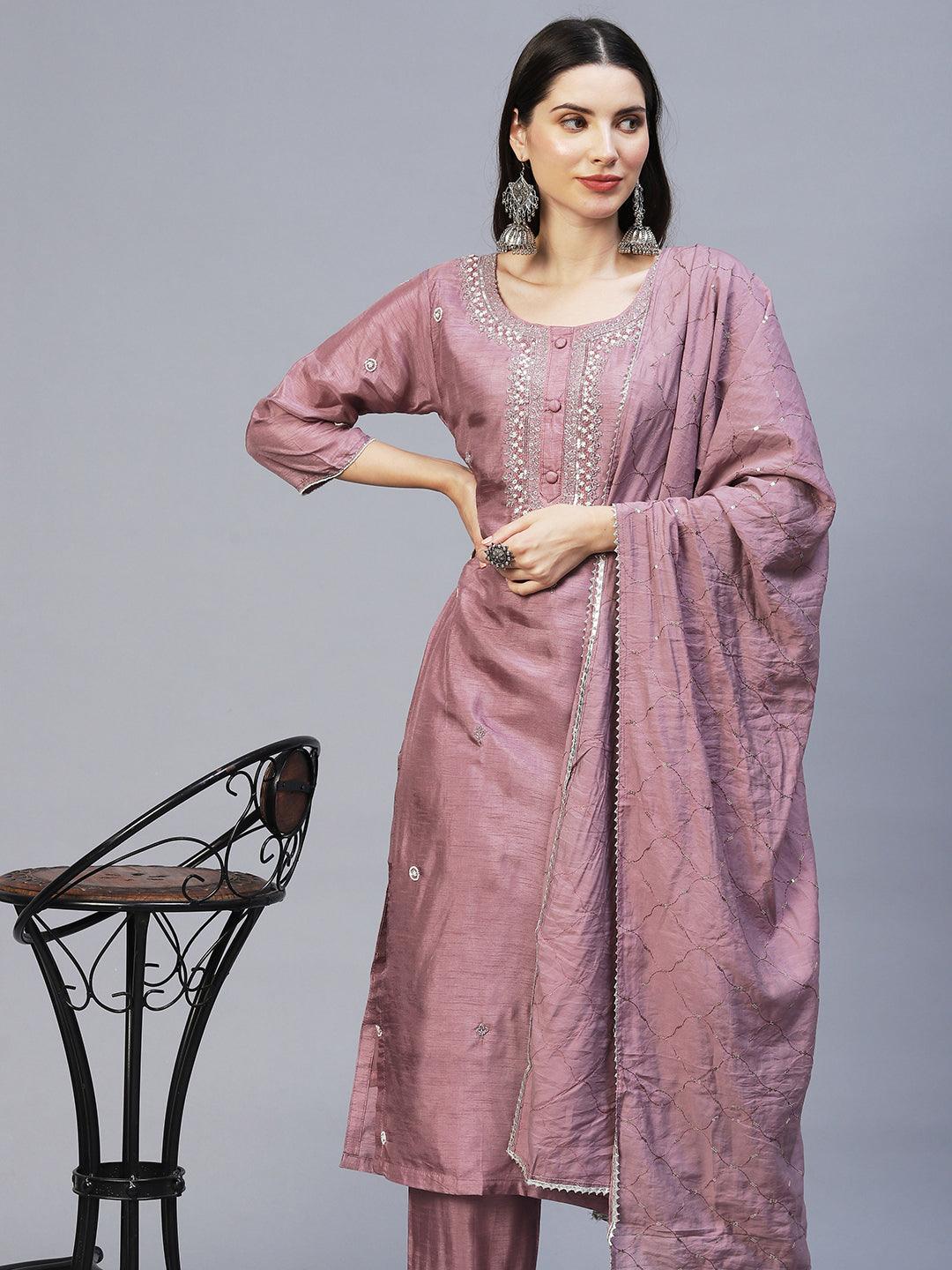 Floral Hand Embroidered Straight Kurta with Pants & Dupatta - Lilac Purple - Indiakreations