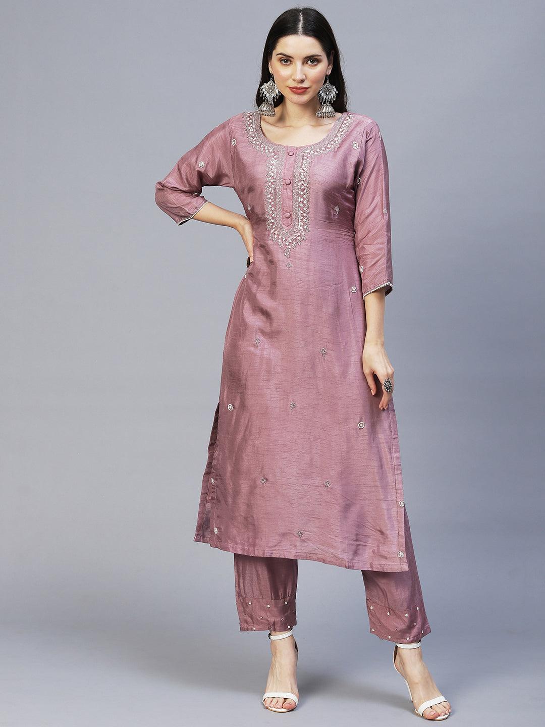 Floral Hand Embroidered Straight Kurta with Pants & Dupatta - Lilac Purple - Indiakreations