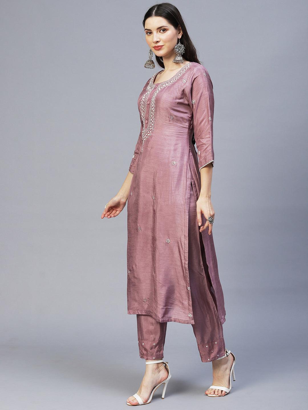 Floral Hand Embroidered Straight Kurta with Pants & Dupatta - Lilac Purple - Indiakreations