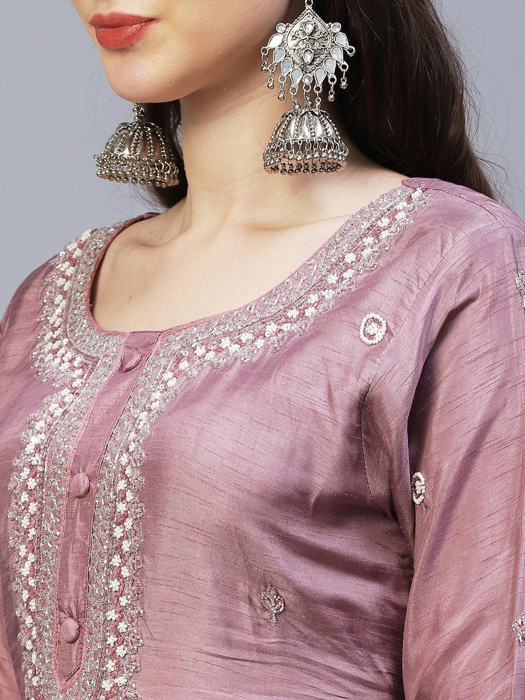 Floral Hand Embroidered Straight Kurta with Pants & Dupatta - Lilac Purple - Indiakreations