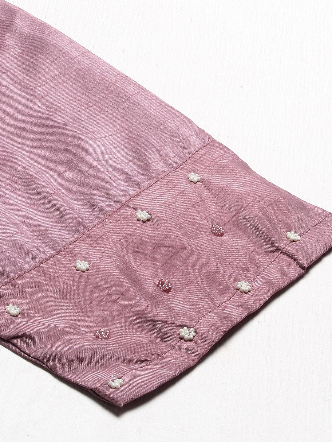 Floral Hand Embroidered Straight Kurta with Pants & Dupatta - Lilac Purple - Indiakreations