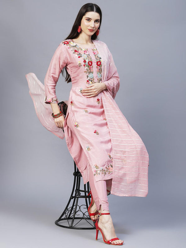 Floral Hand Embroidered Straight Kurta with Pants & Dupatta - Pink - Indiakreations