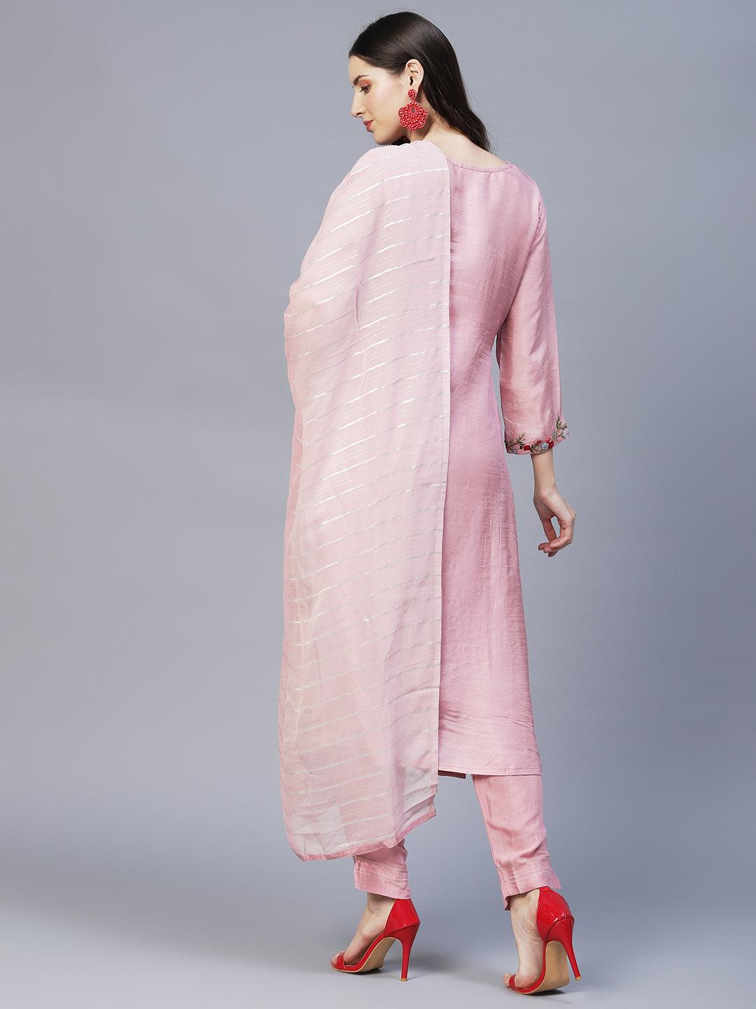 Floral Hand Embroidered Straight Kurta with Pants & Dupatta - Pink - Indiakreations