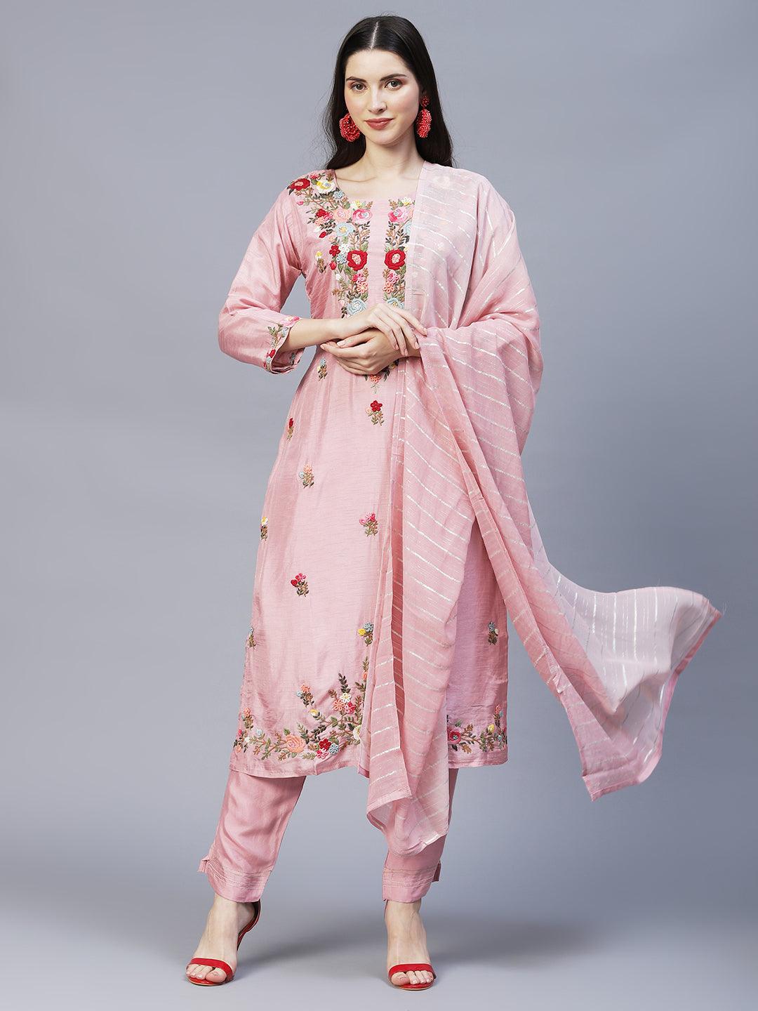 Floral Hand Embroidered Straight Kurta with Pants & Dupatta - Pink - Indiakreations