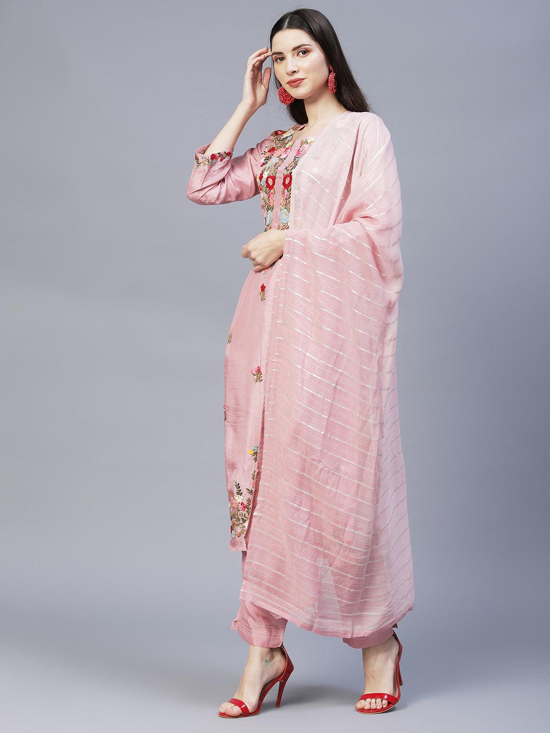 Floral Hand Embroidered Straight Kurta with Pants & Dupatta - Pink - Indiakreations