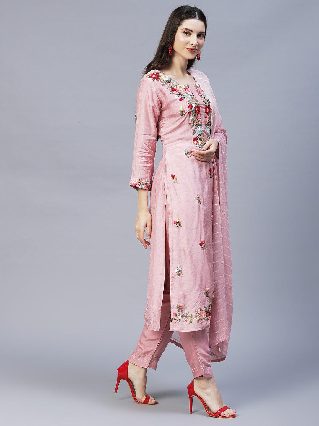 Floral Hand Embroidered Straight Kurta with Pants & Dupatta - Pink - Indiakreations